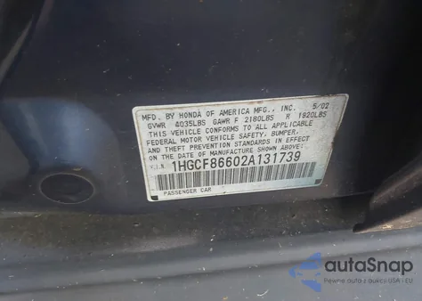 2002 Honda Accord 2.3 Vp z USA, uszkodzony, nr VIN 1HGCF86602A131739